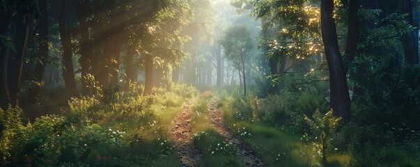 Obraz premium Forest path with sunlight, 4K hyperrealistic photo