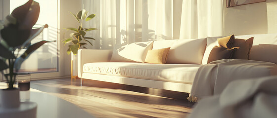 Cozy living area bathed in soft, warm light with a comfortable couch, plants, and a serene atmosphere, perfect for relaxing.