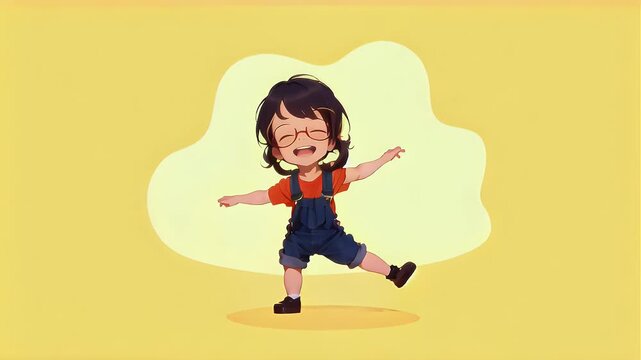 Child celebrating animated character
