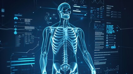 Human skeleton rendered with futuristic digital interface.