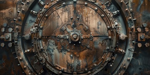Fototapeta premium Rusty metal vault door with intricate details.