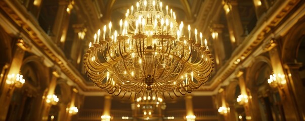 Obraz premium Elegant chandelier in a grand hall, 4K hyperrealistic photo