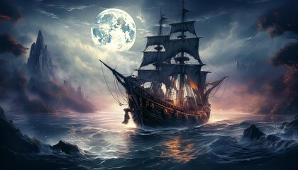 A high-quality depiction of a pirate galleon from 1750 with black sails and golden cannons.