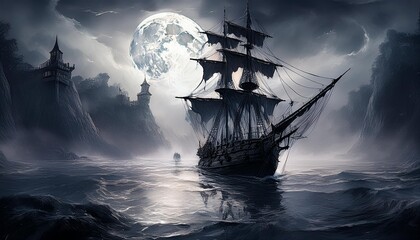 Fototapeta premium A high-quality depiction of a pirate galleon from 1750 with black sails and golden cannons.