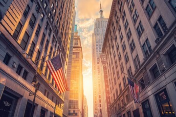 Cityscape Sunset with Flags