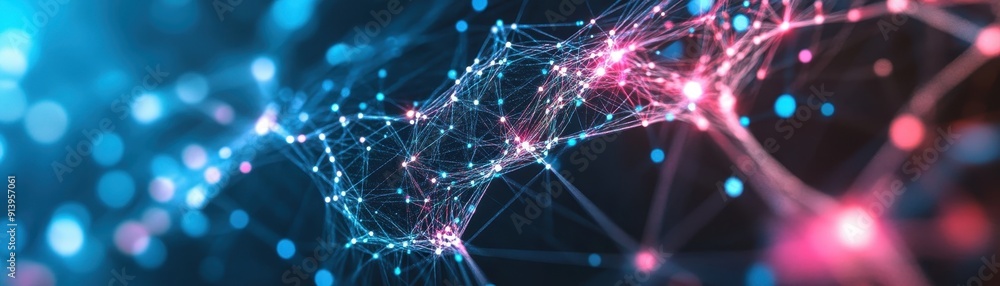 Poster neural network representing ai data processing with neon glow