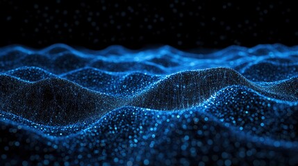 Image of horizontal lines of blue particles and undulating 3d landscape on black background. with generative ai