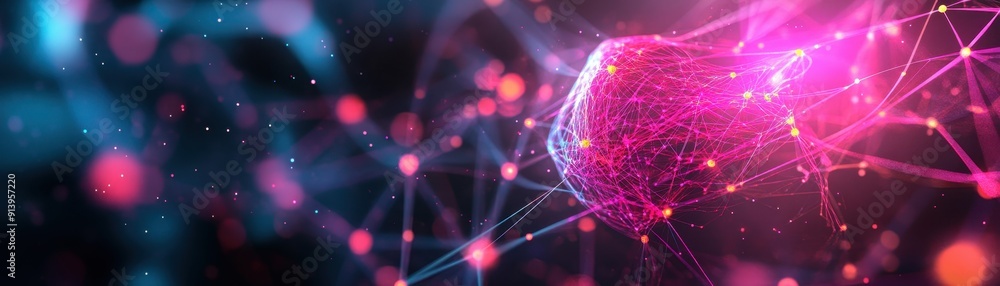 Poster neural network representing ai data processing with neon glow
