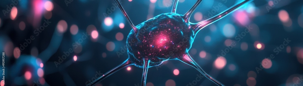 Poster neural network representing ai data processing with neon glow