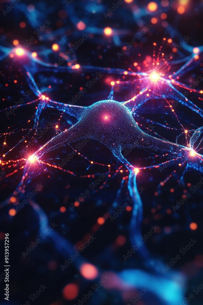 Poster neural network representing ai data processing with neon glow