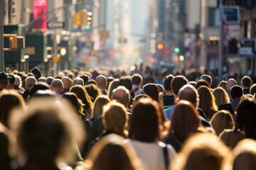 Obraz premium A crowded urban street with a diverse group of people walking under city lights.