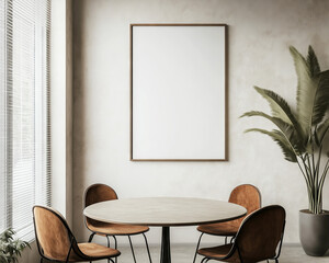 Elegant dining room with an empty poster frame on the wall, brown chairs, and a round table. Natural light and indoor plants add to the sophisticated ambiance. Perfect for interior design and decor