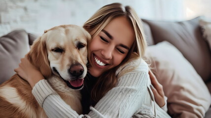 Happy Woman Embracing Golden Retriever Cozy Home Setting