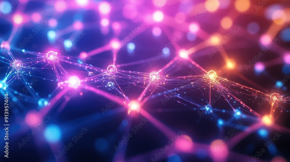 Poster neural network representing ai data processing with neon glow