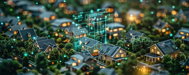 Obraz premium A futuristic smart city landscape featuring modern homes and advanced digital networks interconnected through glowing points of light.