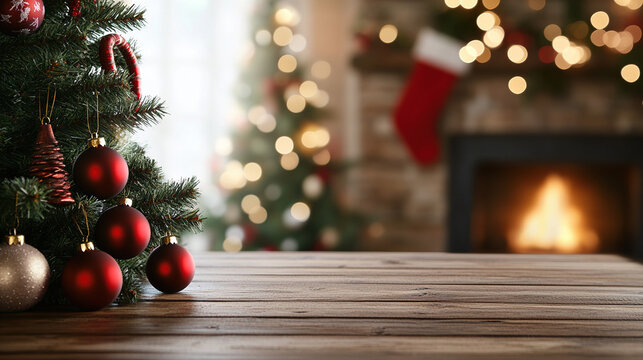 High resolution Christmas tree with red decorations on wooden table with stars and blurred fireplace with decorations and gifts in the background with shiny lights and bokeh effect