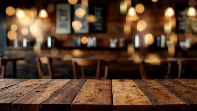 empty wooden table in cafe. blurry light background