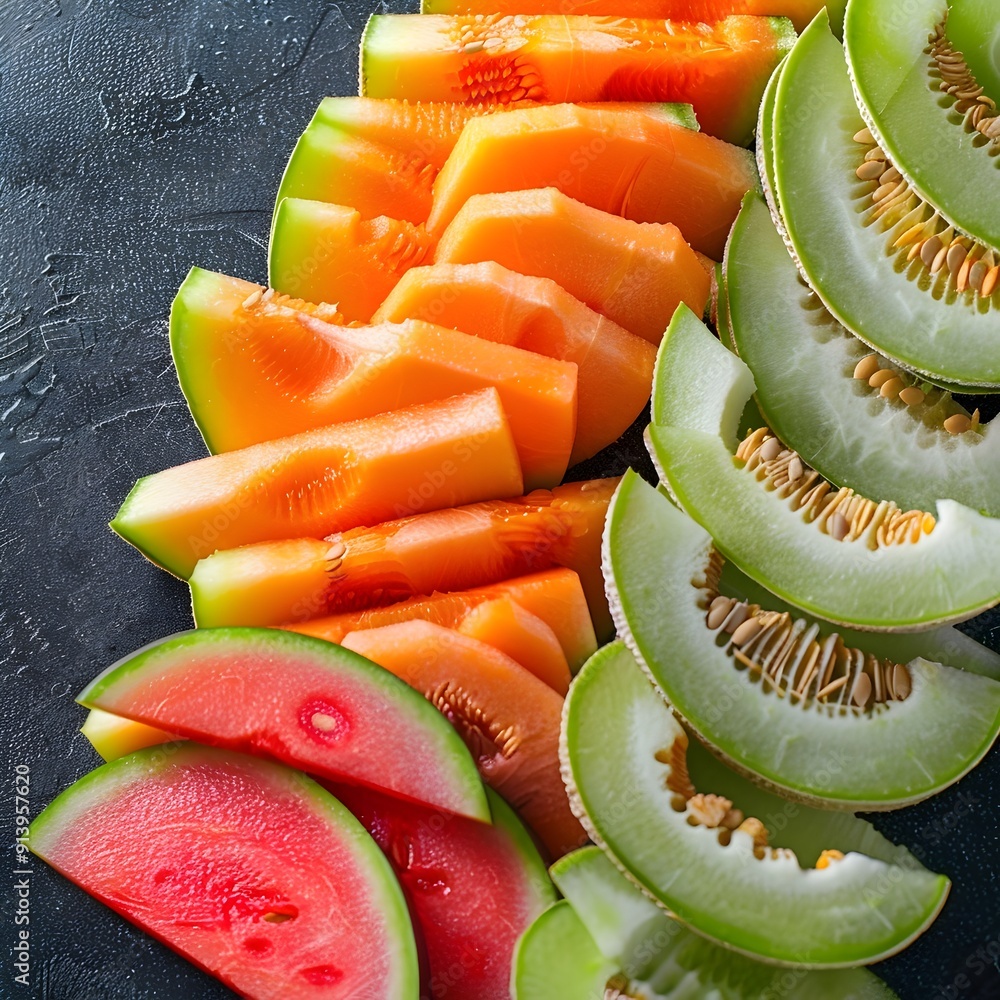 Poster assorted melons slices on dark background with copy space