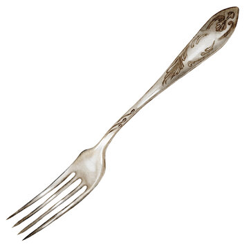 recommend clip art: Fork watercolor. Silver cutlery hand drawn on isolated white background. Clip art of vintage fork made of nickel silver. Ideal for restaurant menu design and cookbooks