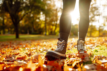 Close-up of female legs in hiking boots walks on ground with yellow-orange dry fall leaves during autumn season in park or forest. Feet walking in outdoor nature. Healthy lifestyle on leisure activity