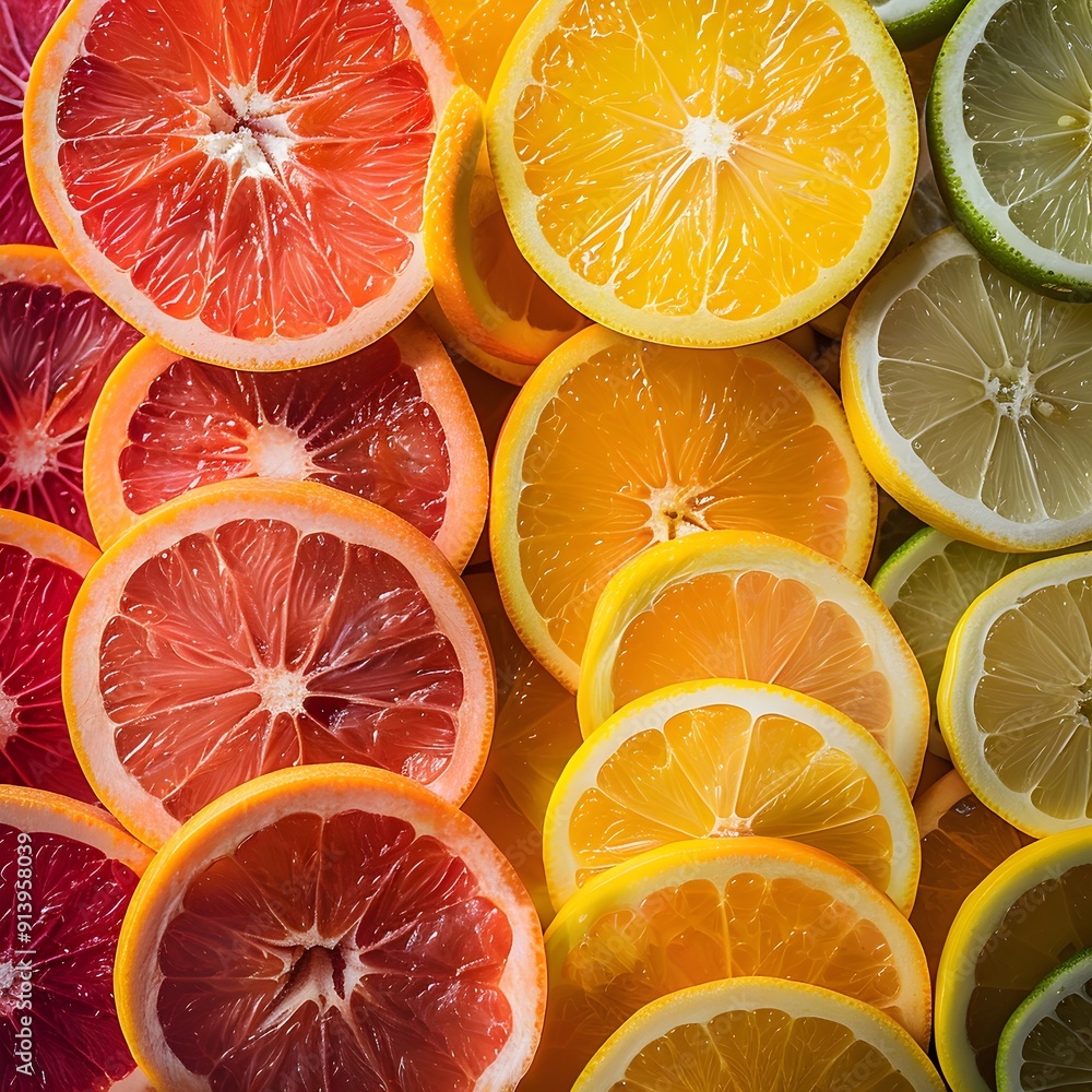 Poster vibrant assortment of sliced citrus fruits in colorful display with copy space