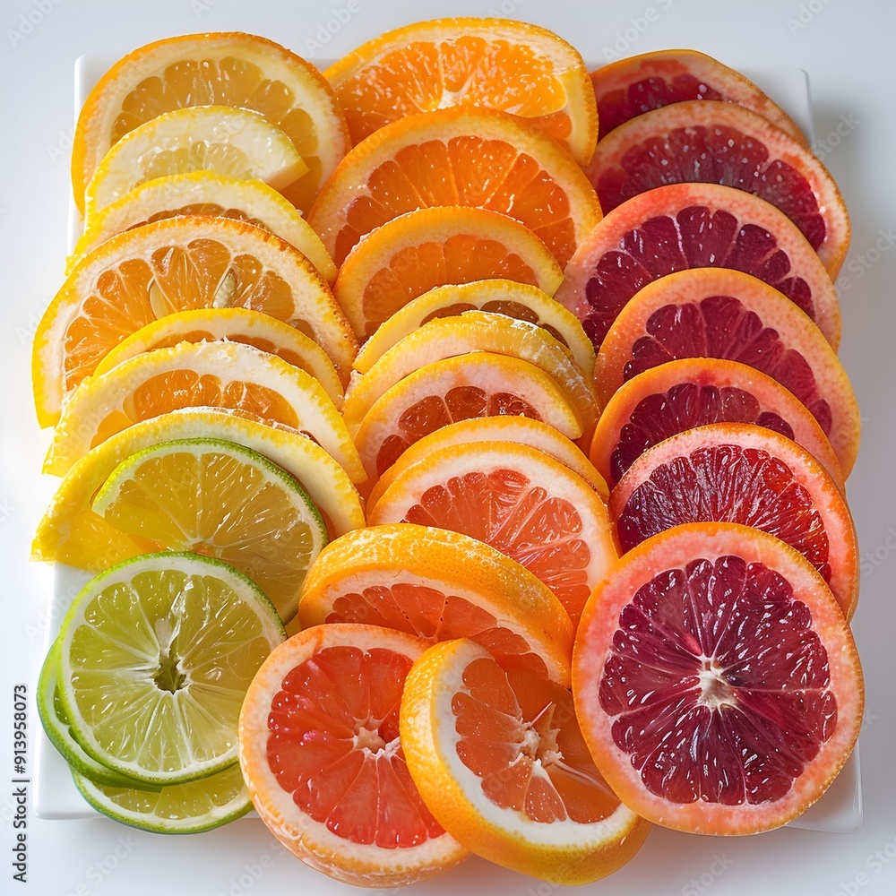 Poster assorted colorful citrus fruit slices arranged in visually appealing display