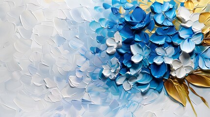 abstract floral oil painting gold and blue hydrangea flower on white background
