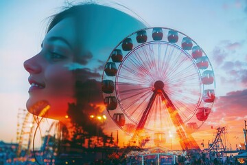 Friends having a good time at a carnival close up, focus on, copy space with colorful rides, Double exposure silhouette with Ferris wheel