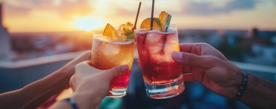 Friends toasting with drinks at a sunset rooftop party, good day, celebration, urban, sunset