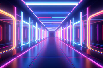 Fototapeta premium The modern neon corridor, creating the illusion of infinity and inviting to travel along light