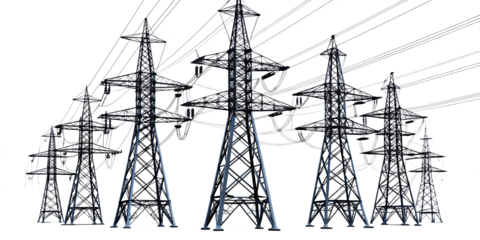 high voltage power tower line white background. AI GENERATED