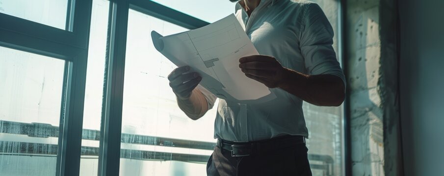 Businessman reviewing blueprints for a new construction project, 4K hyperrealistic photo