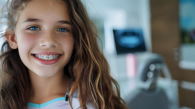 Happy Young Girl Braces Smile Freckles Blue Eyes Indoor Portrait