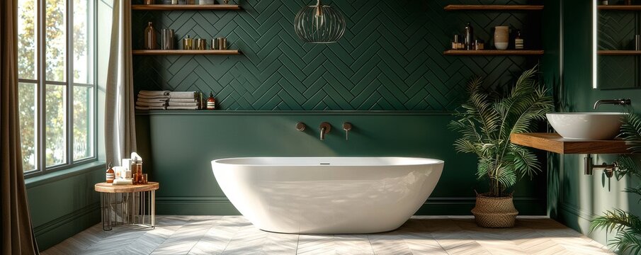 Modern bathroom with elegant freestanding bathtub and lush green decor