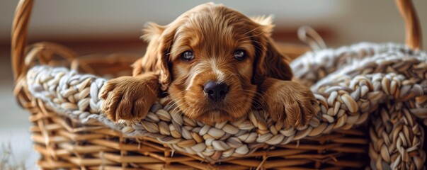 Adorable puppy in a basket, 4K hyperrealistic photo