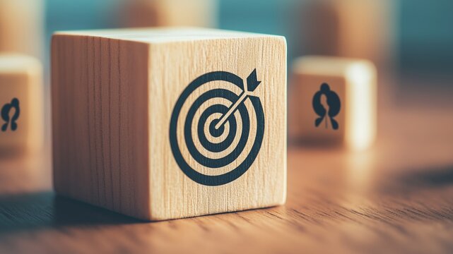 Customer relationship management concept. wooden block with target icon linked with human icons for customer focus group. Data exchanges development and customer service