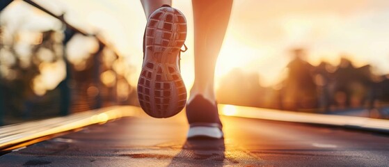 A runner's feet in motion on a track with the warm glow of sunrise in the background.