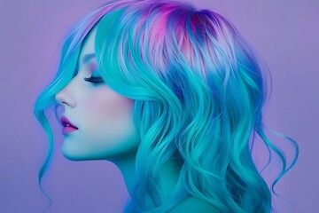 Naklejka premium Elegant Side Part Hairdo in Chiaroscuro Style on Long-Faced Model with Lavender Background