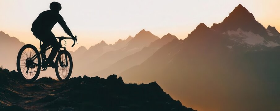 Silhouette of a cyclist on a mountain trail close up, focus on, copy space Earthy tones with a rugged texture Double exposure silhouette with mountain range