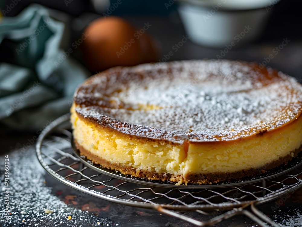 Wall mural cheesecake on a cooling rack dusted with powdered sugar