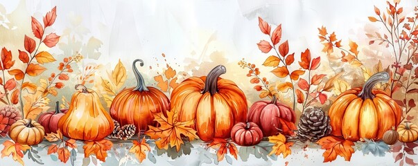 Beautiful autumn display with pumpkins and fall foliage in watercolor style, perfect for seasonal decorations and Thanksgiving themes.