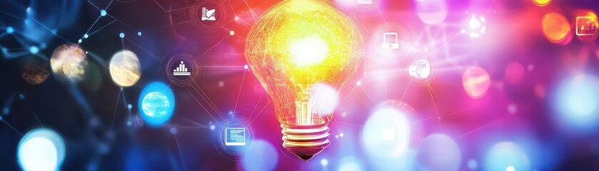 Tech entrepreneurship close up, focus on, copy space Bright and dynamic colors, double exposure silhouette with startup icons