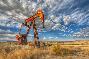 Fototapeta premium Oil Pump Jack in a Vast Landscape Under a Dramatic Sky
