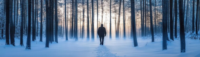 Winter forest and a solitary walker close up, focus on, copy space cool colors, Double exposure silhouette with snow