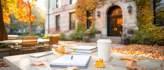 A picturesque fall scene with students writing essays in a courtyard of a historic institution, surrounded by colorful leaves and autumn decor