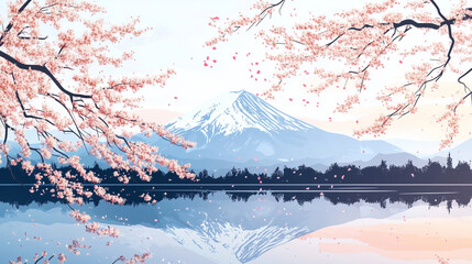 A serene landscape with Mount Fuji in the background and cherry blossoms in the foreground , Illustration, Ukiyo-e, copy space