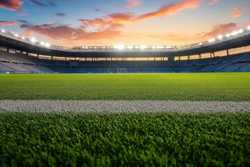 Impressive soccer stadium prepared for the evening match. Football stadium field view. Professional sports background for advertisement with generative ai