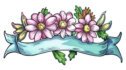 Colorful floral arrangement of pink and purple flowers with green leaves around a blank pink banner, isolated on white background. Spring celebration concept.