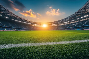 Impressive soccer stadium prepared for the evening match. Football stadium field view. Professional sports background for advertisement with generative ai