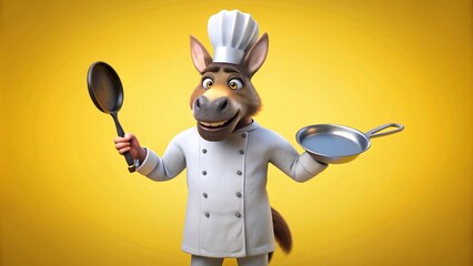 Donkey in a chef's apron and hat, holding a spatula and frying pan, isolated on yellow background , copy space,generative ai

